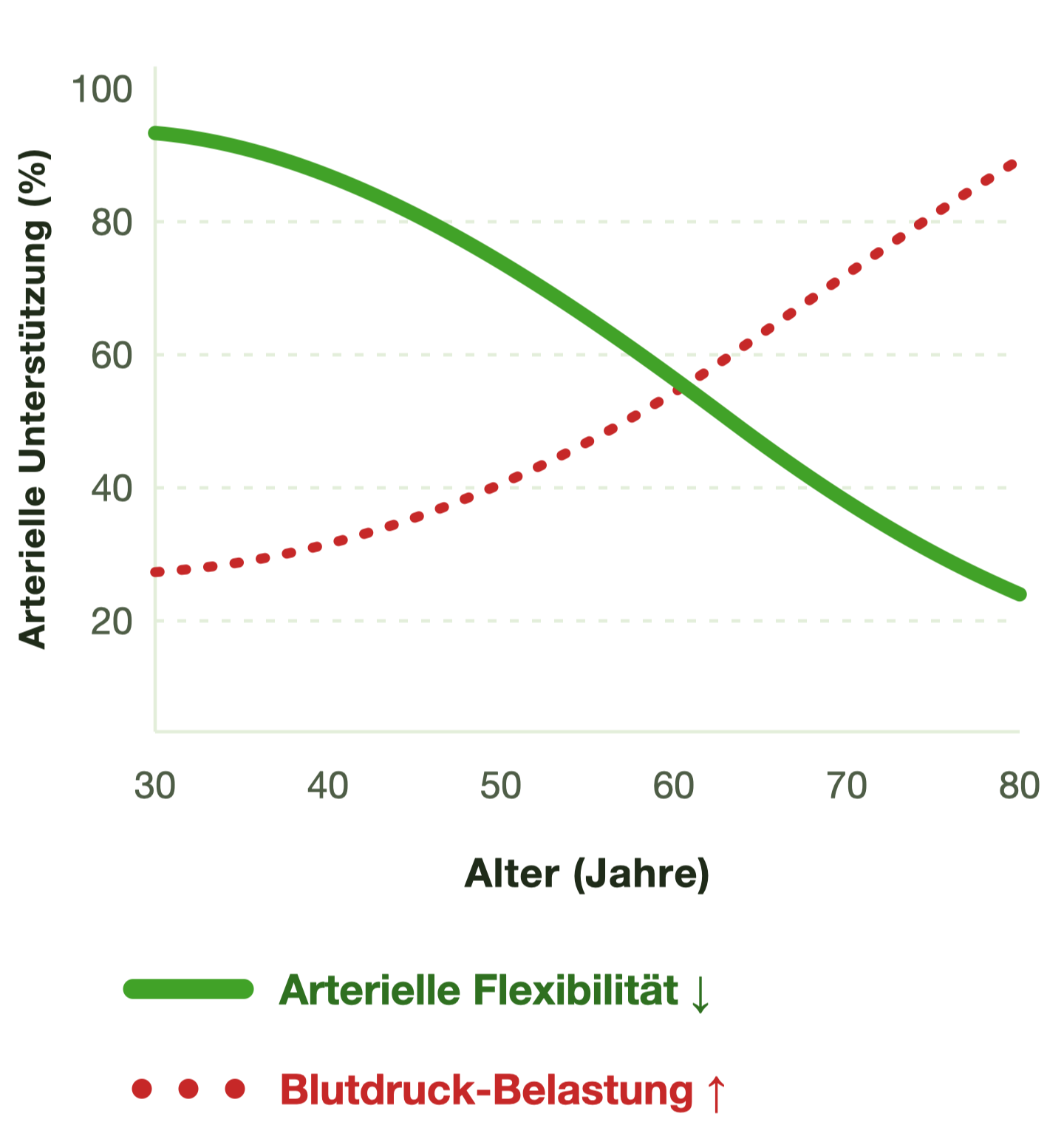 Diagramm: arterielle Flexibilität sinkt mit dem Alter, die Blutdruck-Belastung steigt